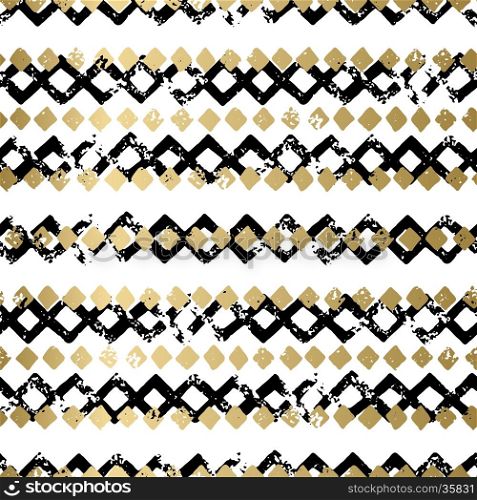 Gold and black abstract grunge vector geometric seamless background print. Stripped textured pattern for card, cover, invitation, wallpaper, web design, fabric, textile, clothes