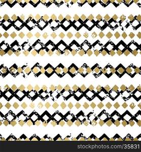 Gold and black abstract grunge vector geometric seamless background print. Stripped textured pattern for card, cover, invitation, wallpaper, web design, fabric, textile, clothes
