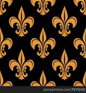 Gold and black fleur-de-lis floral seamless pattern with yellow lily flowers on dark background. Gold and black french seamless pattern