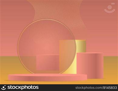 Gold and Light Red pedestal podium. Realistic cylinder stage showcase for presentation. Abstract Mockup product display. Vector futuristic room. Luxury minimal geometric forms, empty scene.