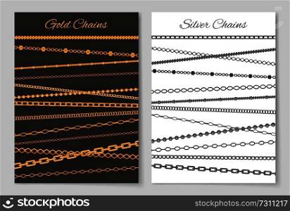 Gold and silver chains advertisement banners set. Shiny expensive classic accessory cartoon flat vector illustrations on white and black backgrounds.. Gold and Silver Chains Advertisement Banners Set
