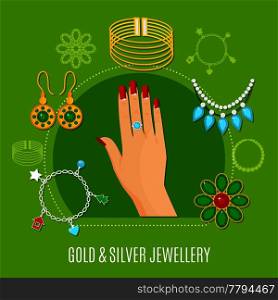 Gold and silver jewelry composition including female hand with ring, bangles, brooches on green background vector illustration. Gold And Silver Jewelry Composition
