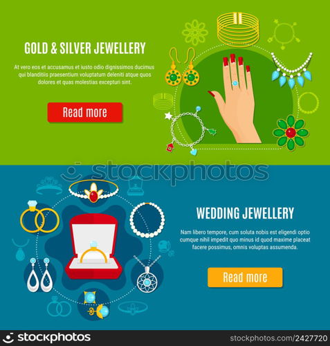 Gold and silver jewelry horizontal banners with wedding decorations on blue and green backgrounds isolated vector illustration. Gold And Silver Jewelry Banners