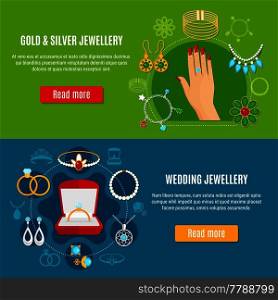 Gold and silver jewelry horizontal banners with wedding decorations on blue and green backgrounds isolated vector illustration. Gold And Silver Jewelry Banners