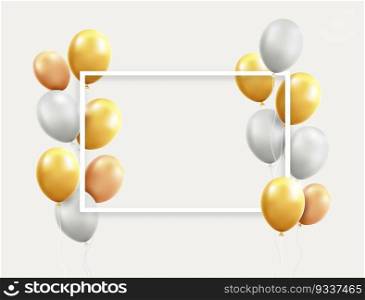 Gold and white balloons with frame vector illustrations.
