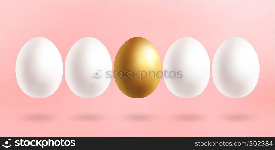 Gold and white egg in a row isolated with shadows isolate on trendy pink background. Vector design.