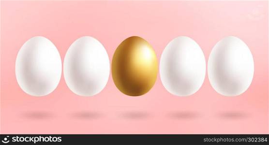 Gold and white egg in a row isolated with shadows isolate on trendy pink background. Vector design.