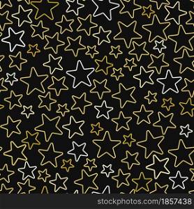 Gold and white stars on a black background seamless pattern vector illustration. Night starry sky background. Template for packaging, wallpaper and fabric.. Gold and white stars on a black background seamless pattern vector illustration.