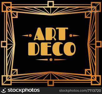 Gold art deco frame. Border with graphic 1920s ornamental decorative elements geometric style vector invite card abstract patterns lines golden luxury twenties modern template. Gold art deco frame. Border with graphic 1920s ornamental decorative elements geometric style vector invite card template
