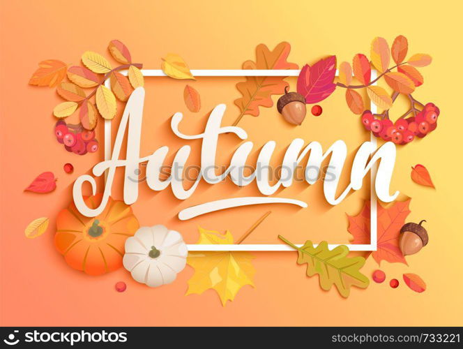 Gold autumn banner. Invitation to harvest season. Poster for fall Harvest Festival. Background with square frame, maple leaves, rowan, pumpkins and acorns. Template for poster design, prints, flyers.. Gold autumn banner.