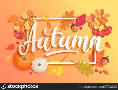 Gold autumn banner. Invitation to harvest season. Poster for fall Harvest Festival. Background with square frame, maple leaves, rowan, pumpkins and acorns. Template for poster design, prints, flyers.. Gold autumn banner.