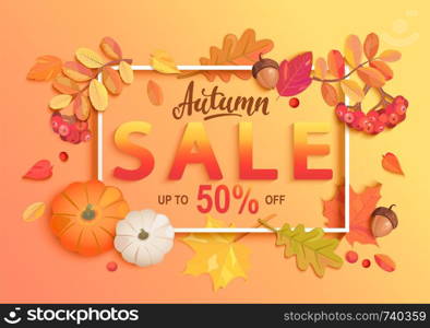 Gold autumn sale banner, 50 percent discount in square frame from seasonal fall leaves, rowan, pumpkin, acorn for shopping promotions,prints,flyers,invitations, special offer poster.Top view.Vector. Gold autumn sale banner.