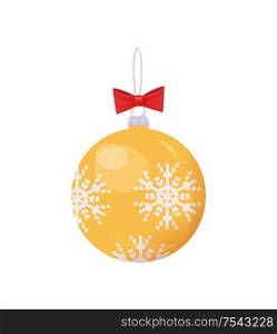 Gold ball with print of snowflakes and thread for hanging with red bow. Colorful Christmas toy, element for decoration isolated on white vector icon. Gold Ball with Print of Snowflakes Vector Isolated