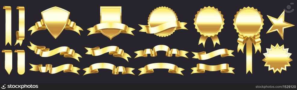 Gold banner with ribbons. Shapes for gift, accessory and tag. Festive shining tape, tag, star and medal design for victory in contest. Decorative labels and badges vector illustration. Gold banner with ribbons. Shapes for gift, accessory and tag. Festive shining tape, tag, star and medal
