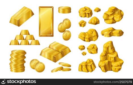 Gold bar. Cartoon golden nugget boulders and coins. Expensive metal forms. Bullion stacks. Rough precious stones. Geological material. Goldmine ore. Yellow metallic money. Vector isolated prills set. Gold bar. Cartoon golden nugget boulders and coins. Expensive metal forms. Bullion stacks. Precious stones. Geological material. Goldmine ore. Yellow metallic money. Vector prills set