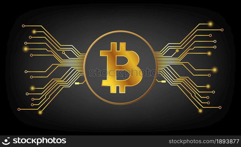 Gold Bitcoin BTC cryptocurrency symbol in circle with pcb tracks on dark background. Design element in techno style for website or banner. Vector illustration.