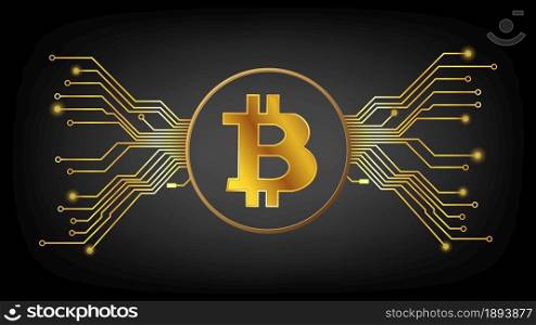 Gold Bitcoin BTC cryptocurrency symbol in circle with pcb tracks on dark background. Design element in techno style for website or banner. Vector illustration.
