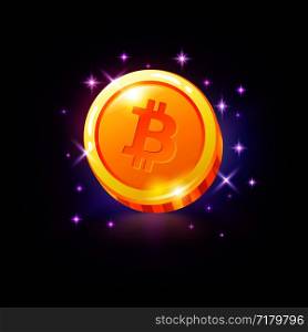 Gold bitcoin coin satoshi with sparkles, crypto currency slot icon for online casino or logo for mobile game on dark purple background, vector illustration.. Gold bitcoin coin satoshi with sparkles, crypto currency slot icon for online casino or logo for mobile game on dark purple background, vector illustration