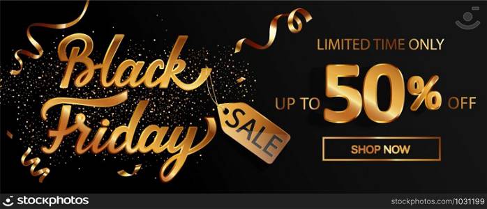 Gold black friday sale banner with golden serpentine and 50 percent discount.Perfect template for flyers, discount cards, web, posters, ad, promotions,blogs and social media, marketing.Vector.. Gold black friday sale banner with golden sparkle.