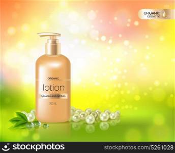 Gold Bottle Of Lotion For Skin Hydration . Organic cosmetic shining background with gold bottle of lotion for skin hydration and nutrition in realistic style vector illustration