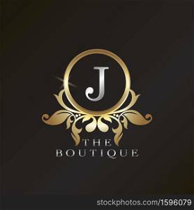 Gold Boutique J Logo template in circle frame vector design for brand identity like Restaurant, Royalty, Boutique, Cafe, Hotel, Heraldic, Jewelry, Fashion and other brand