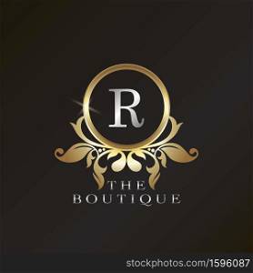 Gold Boutique R Logo template in circle frame vector design for brand identity like Restaurant, Royalty, Boutique, Cafe, Hotel, Heraldic, Jewelry, Fashion and other brand