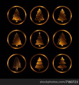 Gold bright silhouette christmas trees vector stylized icons on black background illustration. Gold silhouette christmas trees vector icons on black background