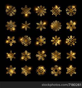 Gold bright snowflakes vector set isolated on black background illustration. Gold snowflakes vector set isolated on black