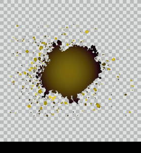 Gold brush paint stroke with rough edges on transparent gray background. Splash abstract background, frame vector illustration.