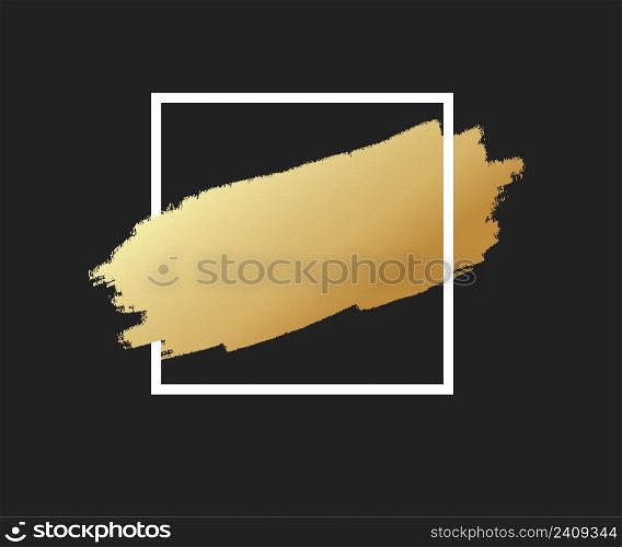 Gold brush stroke in the frame. Gold shiny grunge texture. Dirty design element, box, frame or background for text. Vector Illustration EPS10