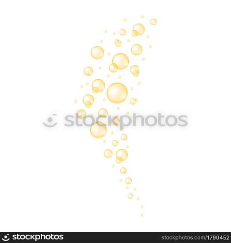 Gold bubbles stream. Fizzy carbonated drink texture. Glossy balls of collagen, serum, jojoba cosmetic oil, vitamin A or E, omega fatty acids. Vector realistic illustration.. Gold bubbles stream. Fizzy carbonated drink texture. Glossy balls of collagen, serum, jojoba cosmetic oil, vitamin A or E, omega fatty acids. Vector realistic illustration