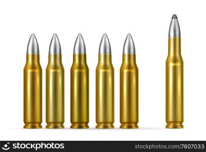 Gold bullets with steel tips realistic composition isolated on white background vector illustration