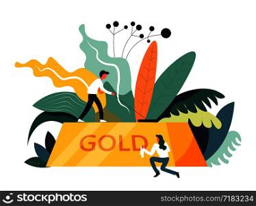 Gold business and banking activity people and money vector. Male and female care for financial assets, woman wiping dirt from it with help of handkerchief. Flowers and foliage, decorative leaves. Gold business and banking activity people and money vector