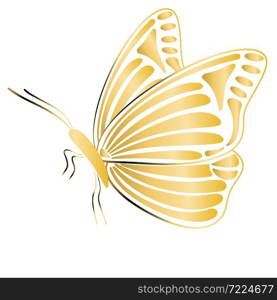 Gold butterfly in profile isolated illustration. Beautiful insect with golden wings, vector. Graceful retro butterfly, decoration.. Gold butterfly in profile isolated illustration.