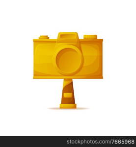 Gold camera prize vector, award for best photographers challenge. Professional photo nomination, objective and lens, reward for success in field of art. Gold Camera Prize for Best Photographers Challenge