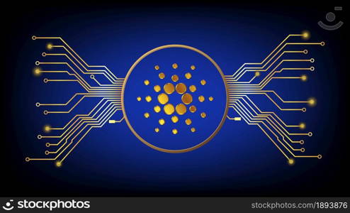 Gold Cardano ADA cryptocurrency symbol in circle with pcb tracks on dark background. Design element in techno style for website or banner. Vector illustration.