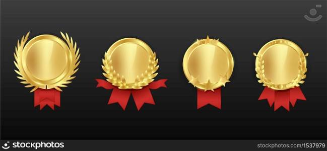 Gold cartoon award medal with red ribbon set isolated on black background. Glossy prize symbol of victory with decorative design element and empty place for text vector graphic illustration. Gold cartoon award medal with red ribbon set isolated on black background