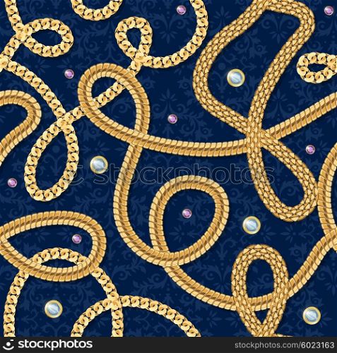 Gold Chain Seamless Pattern . Gold chain seamless pattern with jewels on blue background realistic vector illustration