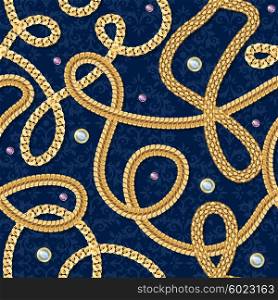 Gold Chain Seamless Pattern . Gold chain seamless pattern with jewels on blue background realistic vector illustration