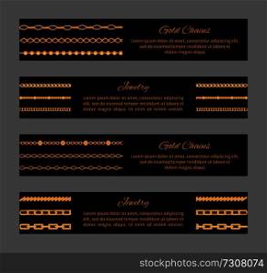 Gold chains and jewelry cards with given informational text, headlines and types of precious items, vector illustration isolated on grey background. Gold Chains and Jewelry Cards Vector Illustration