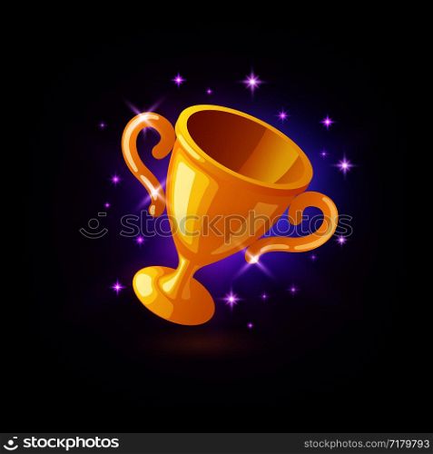 Gold champion trophy cup, goblet with sparkles, slot icon on dark purple background, casino concept, vector illustration. Gold champion trophy cup, goblet with sparkles, slot icon on dark purple background, casino concept, vector illustration.