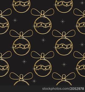 Gold Christmas balls seamless pattern vector illustration. Background with gold round baubles for the Christmas tree. Template for fabric, packaging, paper and festive decor. Gold Christmas balls seamless pattern vector illustration