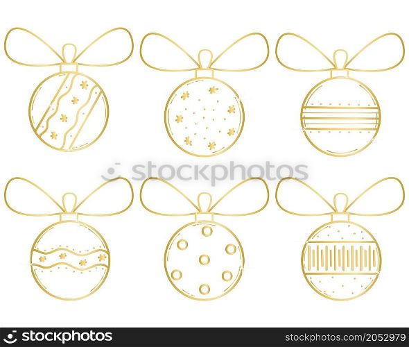 Gold Christmas balls set isolated vector illustration. Collection of golden round baubles for the Christmas tree. Holiday decorations shine. Gold Christmas balls set isolated vector illustration
