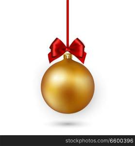 Gold Christmas bauble with red ribbon and bow on white background. Vector illustration.. Gold Christmas ball with red ribbon and bow on white background. Vector illustration.