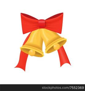 Gold Christmas bells with big red bow isolated on white vector. Holiday element of winter decoration. Single glossy campanulas with ribbon design icon. Gold Christmas Glossy Bell with Big Red Bow vector