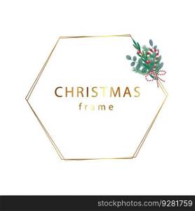 Gold christmas frame with tree bouquete. Vector illustration. Gold christmas frame with tree bouquete