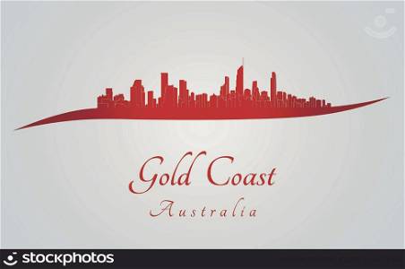Gold Coast skyline in red and gray background in editable vector file