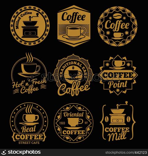 Gold coffee shop labels isolated on black backdrop. Vector illustration. Gold coffee shop labels on black backdrop