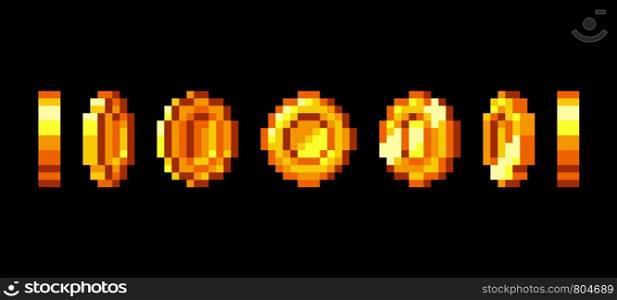 Gold coin animation frames for 16 bit retro video game. Pixel art vector set. Illustration of money vintage cash 8bit. Gold coin animation frames for 16 bit retro video game. Pixel art vector set