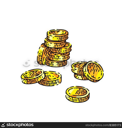 gold coin hand drawn vector. money cash, golden casino finance, treasure wiin currency gold coin sketch. isolated color illustration. gold coin sketch hand drawn vector
